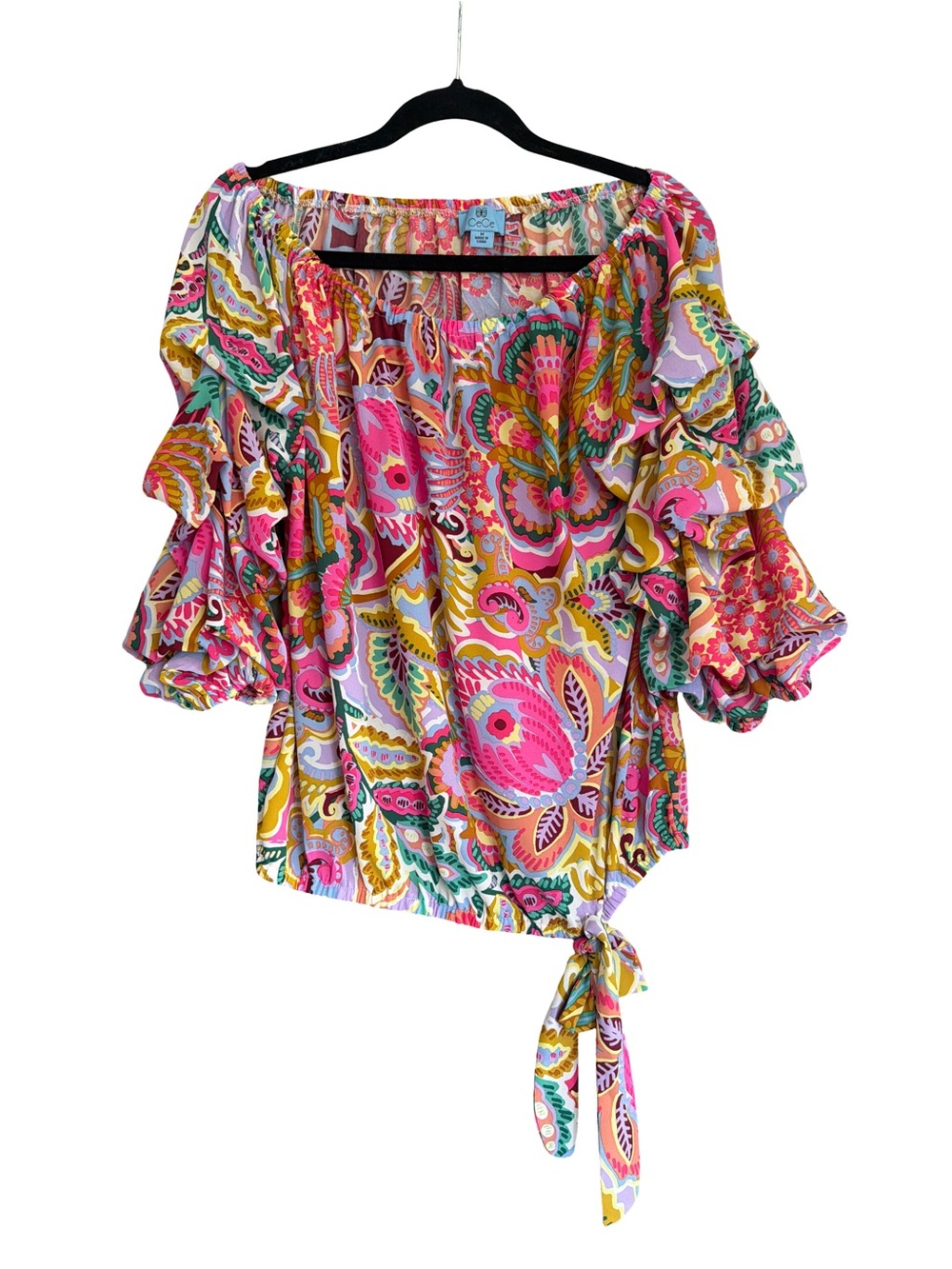 CeCe Pink Multicolor Off-Shoulder Ruffle Tie-Hem Top